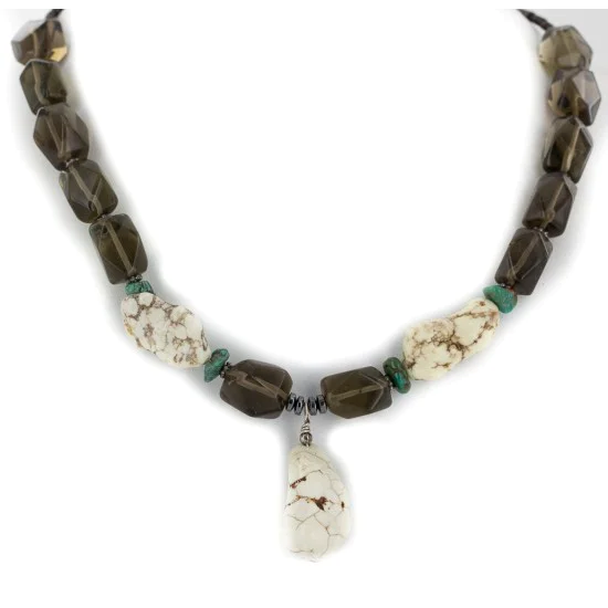 Certified Authentic Navajo .925 Sterling Silver White Howlite Smoky Quartz Native American Necklace 750114-30 Certified Authentic Navajo .925 Sterling Silver White Howlite Smoky Quartz Native American Necklace 750114-30