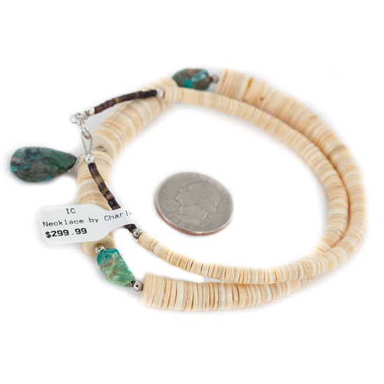 Certified Authentic Navajo .925 Sterling Silver Natural Graduated Melon Shell and Turquoise Native American Necklace 15213-33