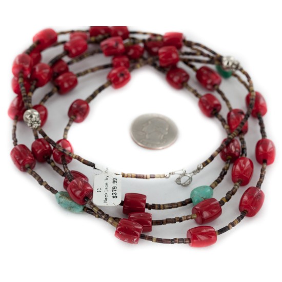 Certified Authentic 3 Strand Navajo .925 Sterling Silver Coral and Natural Turquoise Native American Necklace 15774-3 Certified Authentic 3 Strand Navajo .925 Sterling Silver Coral and Natural Turquoise Native American Necklace 15774-3