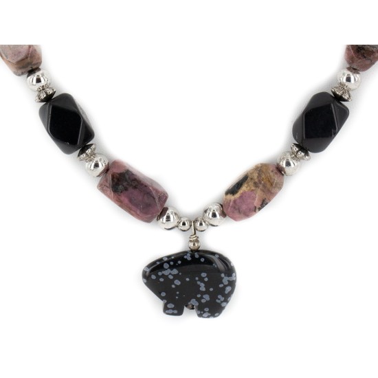 Bear Certified Authentic Navajo .925 Sterling Silver Natural Black Onyx Charoite and Snowflake Obsidian Native American Necklace 15632-41 Bear Certified Authentic Navajo .925 Sterling Silver Natural Black Onyx Charoite and Snowflake Obsidian Native American Necklace 15632-41