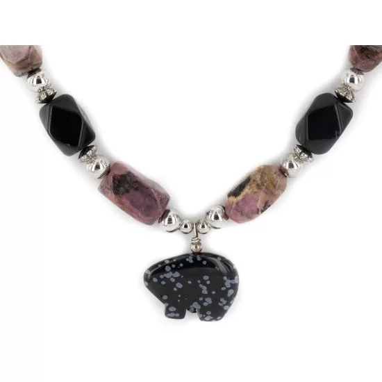 Bear Certified Authentic Navajo .925 Sterling Silver Natural Black Onyx Charoite and Snowflake Obsidian Native American Necklace 15632-41 Bear Certified Authentic Navajo .925 Sterling Silver Natural Black Onyx Charoite and Snowflake Obsidian Native American Necklace 15632-41