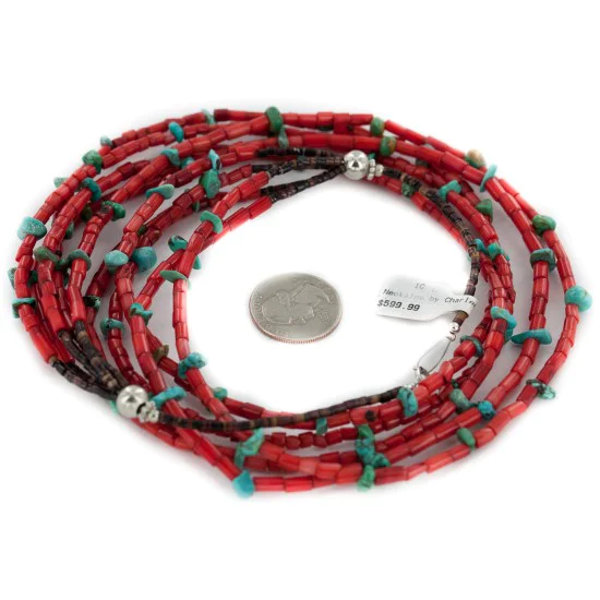5 Strand Certified Authentic Navajo .925 Sterling Silver Coral and Natural Turquoise Native American Necklace  25278-78