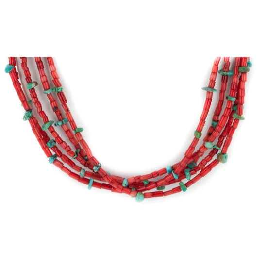 5 Strand Certified Authentic Navajo .925 Sterling Silver Coral and Natural Turquoise Native American Necklace  25278-78