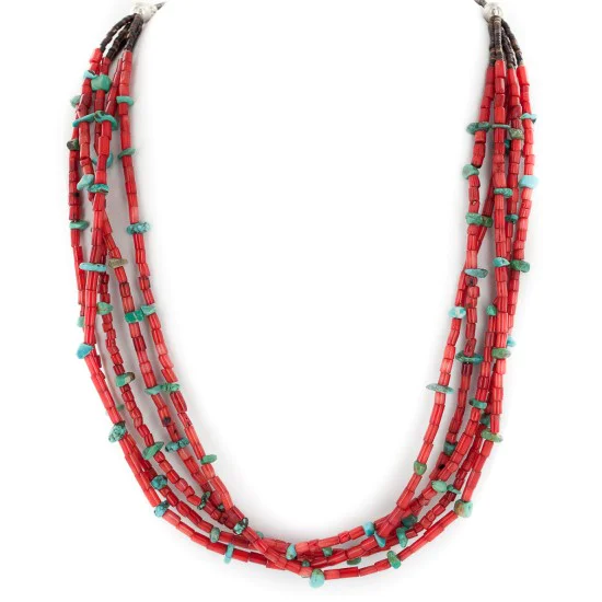 5 Strand Certified Authentic Navajo .925 Sterling Silver Coral and Natural Turquoise Native American Necklace  25278-78