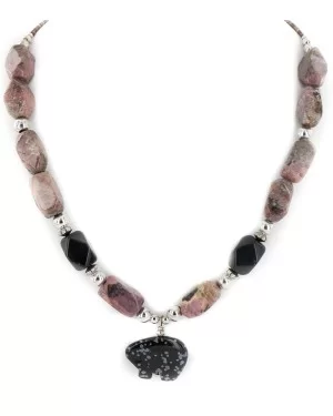 Bear Certified Authentic Navajo .925 Sterling Silver Natural Black Onyx Charoite and Snowflake Obsidian Native American Necklace 15632-41 Bear Certified Authentic Navajo .925 Sterling Silver Natural Black Onyx Charoite and Snowflake Obsidian Native American Necklace 15632-41