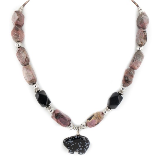 Bear Certified Authentic Navajo .925 Sterling Silver Natural Black Onyx Charoite and Snowflake Obsidian Native American Necklace 15632-41 Bear Certified Authentic Navajo .925 Sterling Silver Natural Black Onyx Charoite and Snowflake Obsidian Native American Necklace 15632-41