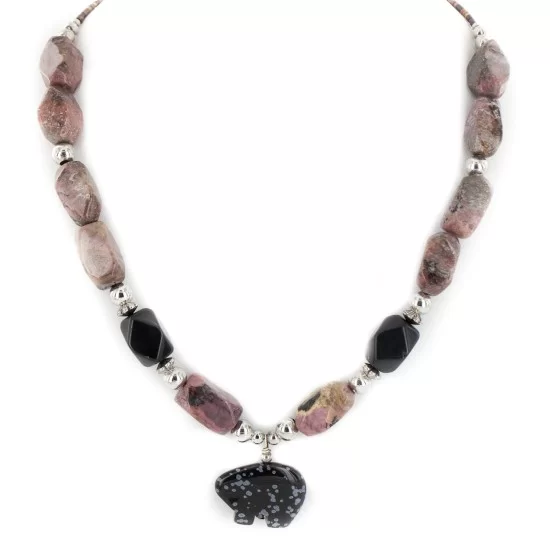 Bear Certified Authentic Navajo .925 Sterling Silver Natural Black Onyx Charoite and Snowflake Obsidian Native American Necklace 15632-41 Bear Certified Authentic Navajo .925 Sterling Silver Natural Black Onyx Charoite and Snowflake Obsidian Native American Necklace 15632-41