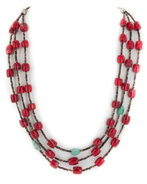 Certified Authentic 3 Strand Navajo .925 Sterling Silver Coral and Natural Turquoise Native American Necklace 15774-3