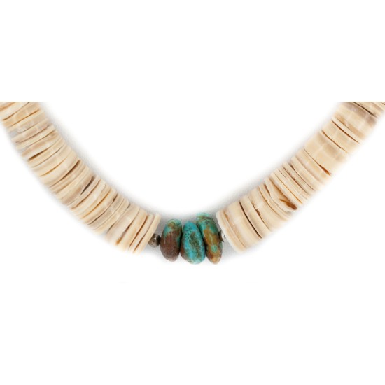 Certified Authentic .925 Sterling Silver Navajo Natural Graduated Melon Shell Turquoise Native American Necklace 15560-6 Certified Authentic .925 Sterling Silver Navajo Natural Graduated Melon Shell Turquoise Native American Necklace 15560-6