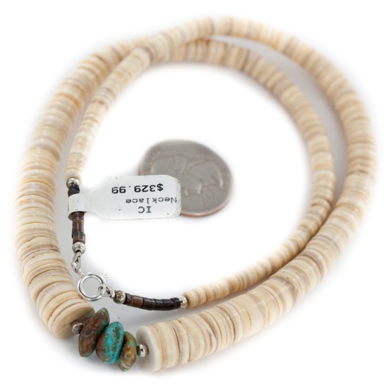 Certified Authentic .925 Sterling Silver Navajo Natural Graduated Melon Shell Turquoise Native American Necklace 15560-6 Certified Authentic .925 Sterling Silver Navajo Natural Graduated Melon Shell Turquoise Native American Necklace 15560-6