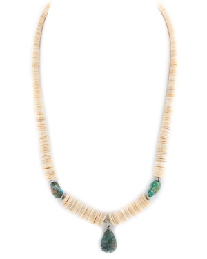 Certified Authentic Navajo .925 Sterling Silver Natural Graduated Melon Shell and Turquoise Native American Necklace 15213-33
