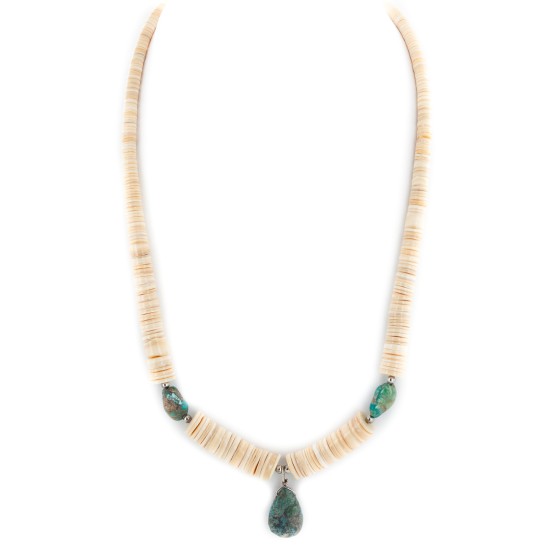 Certified Authentic Navajo .925 Sterling Silver Natural Graduated Melon Shell and Turquoise Native American Necklace 15213-33