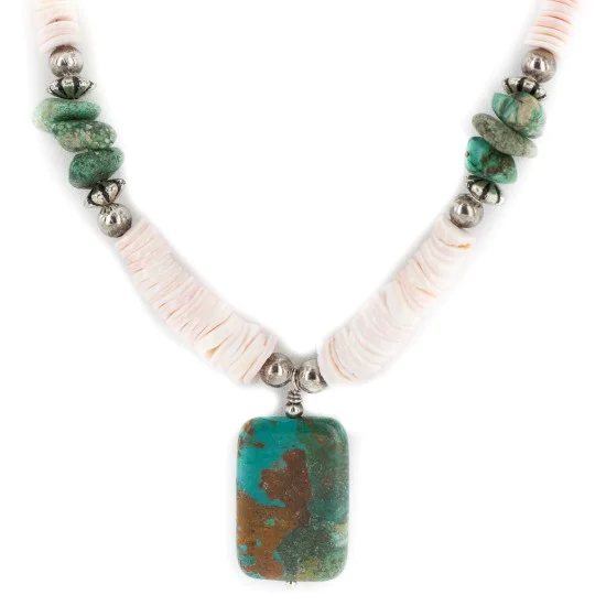 Certified Authentic Navajo .925 Sterling Silver Natural Graduated Melon Shell and Turquoise Native American Necklace 17081-5 Certified Authentic Navajo .925 Sterling Silver Natural Graduated Melon Shell and Turquoise Native American Necklace 17081-5