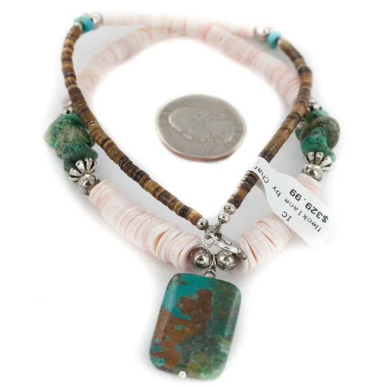 Certified Authentic Navajo .925 Sterling Silver Natural Graduated Melon Shell and Turquoise Native American Necklace 17081-5 Certified Authentic Navajo .925 Sterling Silver Natural Graduated Melon Shell and Turquoise Native American Necklace 17081-5