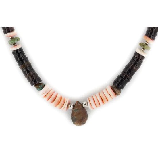 Certified Authentic Navajo .925 Sterling Silver Natural Turquoise Graduated Heishi and Spiny Oyster Native American Necklace 17081-6 Certified Authentic Navajo .925 Sterling Silver Natural Turquoise Graduated Heishi and Spiny Oyster Native American Necklace 17081-6
