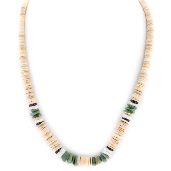 Certified Authentic Navajo .925 Sterling Silver Natural Turquoise Graduated Melon Shell and Heishi Native American Necklace 15845-7