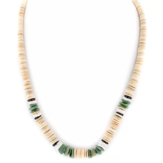 Certified Authentic Navajo .925 Sterling Silver Natural Turquoise Graduated Melon Shell and Heishi Native American Necklace 15845-7 Certified Authentic Navajo .925 Sterling Silver Natural Turquoise Graduated Melon Shell and Heishi Native American Necklace 15845-7