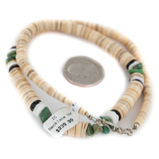 Certified Authentic Navajo .925 Sterling Silver Natural Turquoise Graduated Melon Shell and Heishi Native American Necklace 15845-7