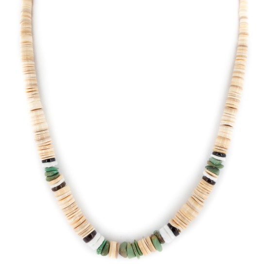 Certified Authentic Navajo .925 Sterling Silver Natural Turquoise Graduated Melon Shell and Heishi Native American Necklace 15845-8 Certified Authentic Navajo .925 Sterling Silver Natural Turquoise Graduated Melon Shell and Heishi Native American Necklace 15845-8