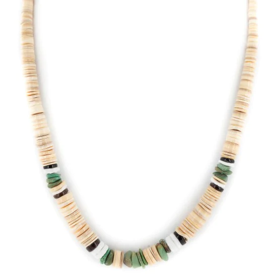 Certified Authentic Navajo .925 Sterling Silver Natural Turquoise Graduated Melon Shell and Heishi Native American Necklace 15845-8 Certified Authentic Navajo .925 Sterling Silver Natural Turquoise Graduated Melon Shell and Heishi Native American Necklace 15845-8