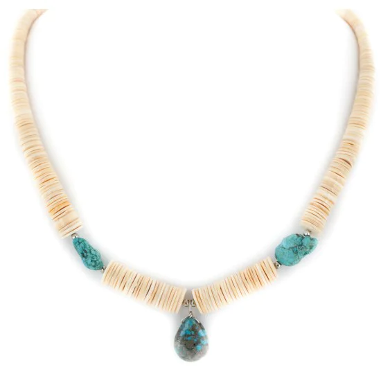 Certified Authentic Navajo .925 Sterling Silver Natural Turquoise Graduated Melon Shell Native American Necklace 15213-337