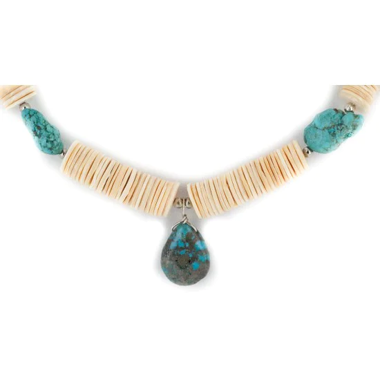 Certified Authentic Navajo .925 Sterling Silver Natural Turquoise Graduated Melon Shell Native American Necklace 15213-337