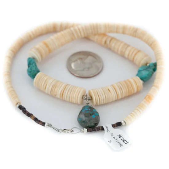 Certified Authentic Navajo .925 Sterling Silver Natural Turquoise Graduated Melon Shell Native American Necklace 15213-337