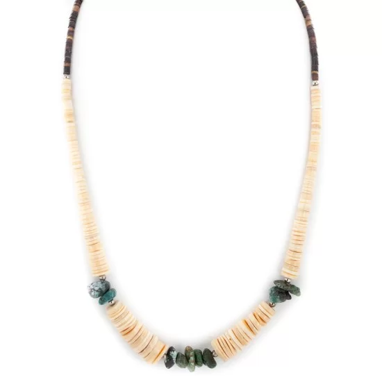 Certified Authentic Navajo .925 Sterling Silver Natural Turquoise Graduated Melon Shell Native American Necklace 15432-113