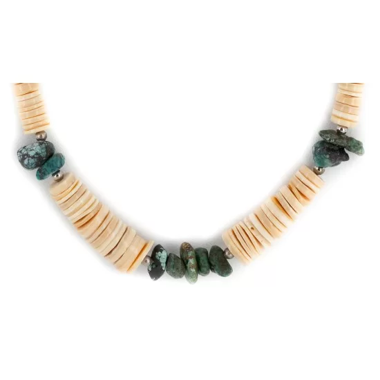 Certified Authentic Navajo .925 Sterling Silver Natural Turquoise Graduated Melon Shell Native American Necklace 15432-113