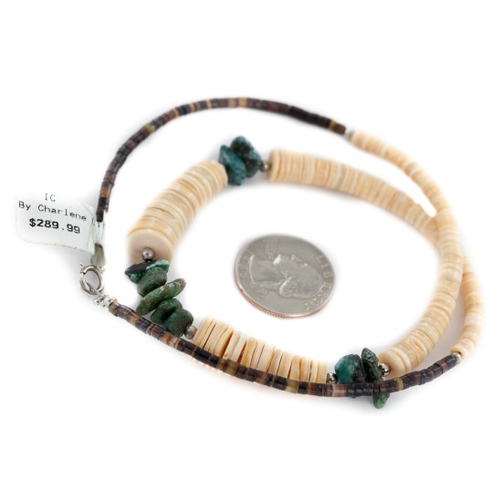 Certified Authentic Navajo .925 Sterling Silver Natural Turquoise Graduated Melon Shell Native American Necklace 15432-113