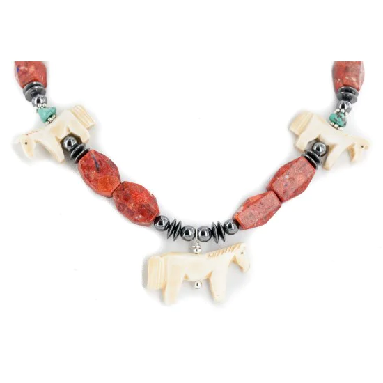 Horse Certified Authentic Navajo .925 Sterling Silver Bone Natural Turquoise Coral Hematite Native American Necklace 17090 Horse Certified Authentic Navajo .925 Sterling Silver Bone Natural Turquoise Coral Hematite Native American Necklace 17090