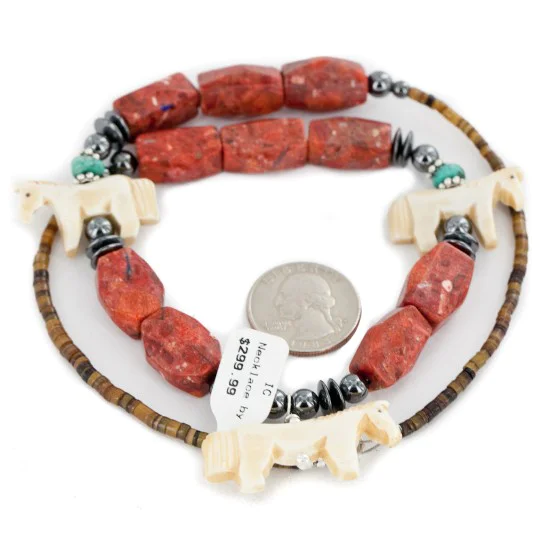 Horse Certified Authentic Navajo .925 Sterling Silver Bone Natural Turquoise Coral Hematite Native American Necklace 17090 Horse Certified Authentic Navajo .925 Sterling Silver Bone Natural Turquoise Coral Hematite Native American Necklace 17090