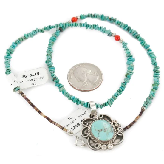.925 Sterling Silver Certified Authentic Navajo Turquoise Coral Native American Necklace 14764-4-15360 .925 Sterling Silver Certified Authentic Navajo Turquoise Coral Native American Necklace 14764-4-15360