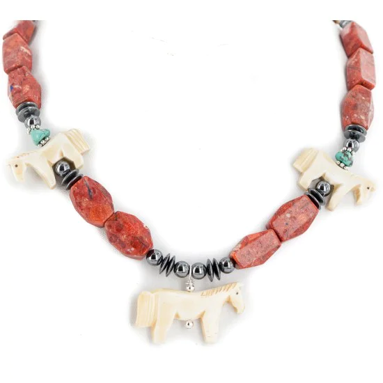 Horse Certified Authentic Navajo .925 Sterling Silver Bone Natural Turquoise Coral Hematite Native American Necklace 17090 Horse Certified Authentic Navajo .925 Sterling Silver Bone Natural Turquoise Coral Hematite Native American Necklace 17090