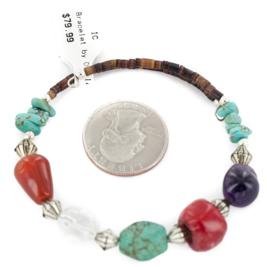 Certified Authentic Navajo Natural Turquoise Coral Amethyst Agate Heishi Adjustable Wrap Native American Bracelet 13049-14 Certified Authentic Navajo Natural Turquoise Coral Amethyst Agate Heishi Adjustable Wrap Native American Bracelet 13049-14