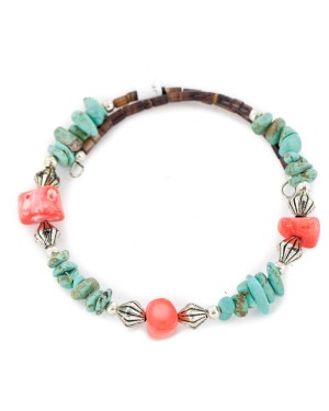 Certified Authentic Navajo Natural Turquoise Coral Heishi Adjustable Wrap Native American Bracelet 13037-13 Certified Authentic Navajo Natural Turquoise Coral Heishi Adjustable Wrap Native American Bracelet 13037-13