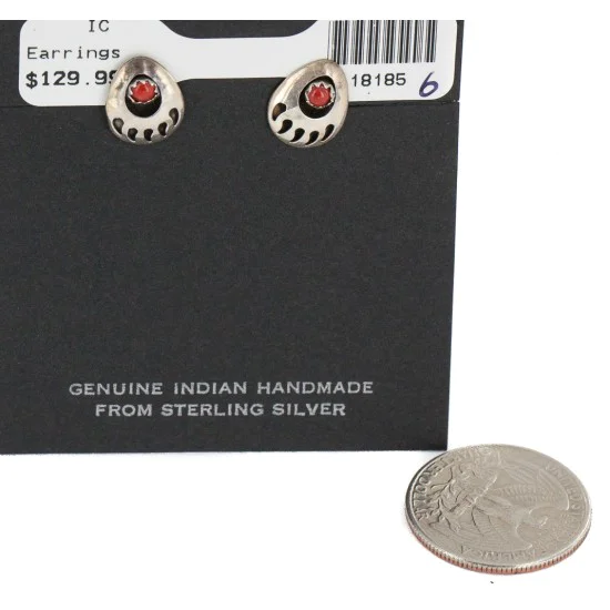 Handmade Bear Paw Certified Authentic Turtle .925 Sterling Silver Coral Native American Stud Earrings 18185-6