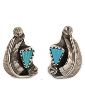 Certified Authentic Feather Navajo .925 Sterling Silver Turquoise Native American Stud Earrings 17598