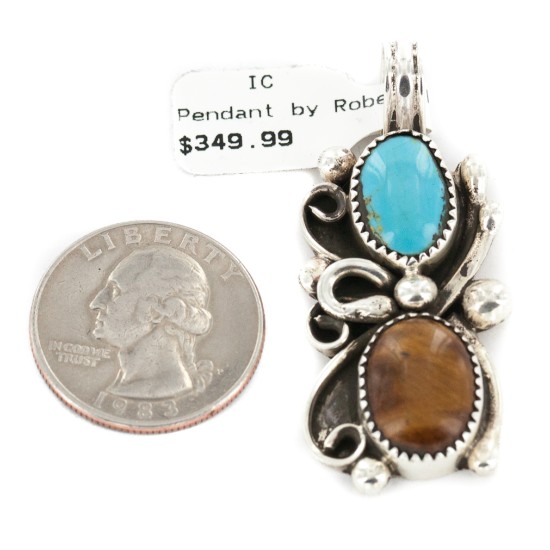 Certified Authentic .925 Sterling Silver Handmade Navajo Natural Turquoise Tigers Eye Native American Pendant 13062 Certified Authentic .925 Sterling Silver Handmade Navajo Natural Turquoise Tigers Eye Native American Pendant 13062