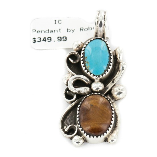 Certified Authentic .925 Sterling Silver Handmade Navajo Natural Turquoise Tigers Eye Native American Pendant 13062 Certified Authentic .925 Sterling Silver Handmade Navajo Natural Turquoise Tigers Eye Native American Pendant 13062