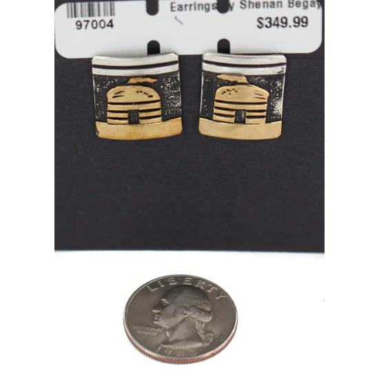 12kt Gold Filled and .925 Sterling Silver Handmade Hogan Certified Authentic Navajo Native American Stud Earrings 97004