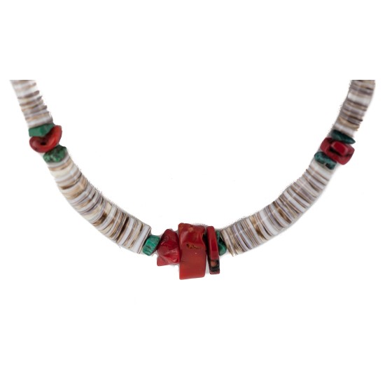 .925 Sterling Silver Navajo Certified Authentic Coral and Natural Turquoise Graduated Heishi Native American Necklace 95005
