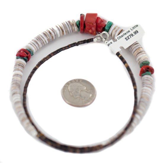 .925 Sterling Silver Navajo Certified Authentic Coral and Natural Turquoise Graduated Heishi Native American Necklace 95005