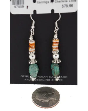 .925 Sterling Silver Hooks Certified Authentic Navajo Natural Turquoise and Graduated Spiny Oyster Native American Set 95006-1-97009-1 .925 Sterling Silver Hooks Certified Authentic Navajo Natural Turquoise and Graduated Spiny Oyster Native American Set 95006-1-97009-1