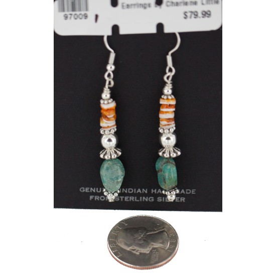 .925 Sterling Silver Hooks Certified Authentic Navajo Natural Turquoise and Graduated Spiny Oyster Native American Set 95006-1-97009-1