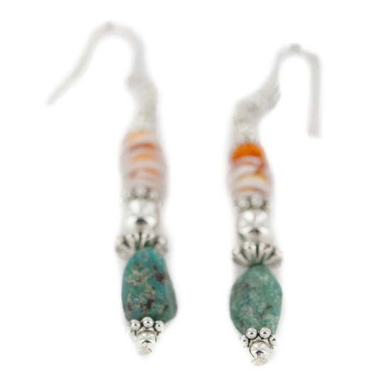 .925 Sterling Silver Hooks Certified Authentic Navajo Natural Turquoise and Graduated Spiny Oyster Native American Set 95006-1-97009-1 Sets NB160220222915 95006-1-97009-1 (by LomaSiiva)