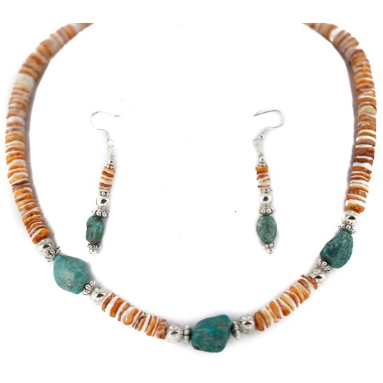 .925 Sterling Silver Hooks Certified Authentic Navajo Natural Turquoise and Graduated Spiny Oyster Native American Set 95006-1-97009-1