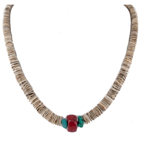 .925 Sterling Silver Navajo Certified Authentic Coral and Natural Graduated Heishi Native American Necklace 95004-6 .925 Sterling Silver Navajo Certified Authentic Coral and Natural Graduated Heishi Native American Necklace 95004-6