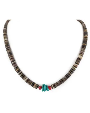 .925 Sterling Silver Navajo Certified Authentic Coral and Natural Turquoise Graduated Heishi Native American Necklace 95004-4 .925 Sterling Silver Navajo Certified Authentic Coral and Natural Turquoise Graduated Heishi Native American Necklace 95004-4