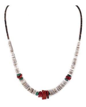 .925 Sterling Silver Navajo Certified Authentic Coral and Natural Turquoise Graduated Heishi Native American Necklace 95005 .925 Sterling Silver Navajo Certified Authentic Coral and Natural Turquoise Graduated Heishi Native American Necklace 95005